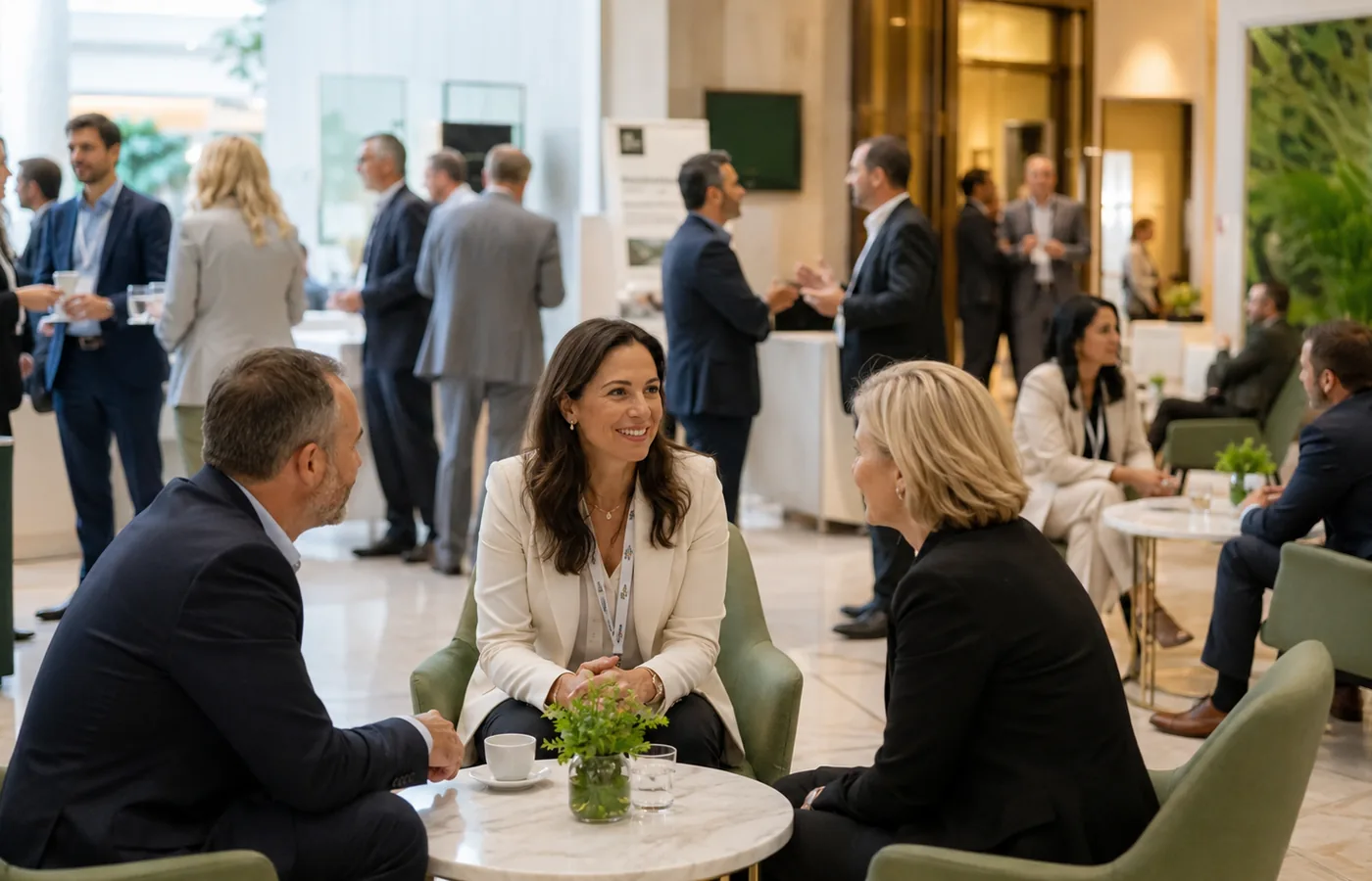 Professionals networking in a conference lounge