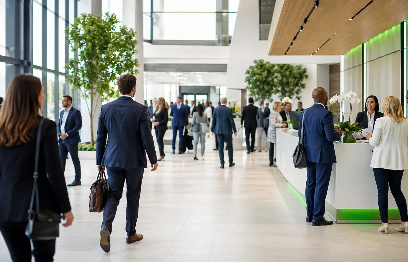 Modern venue lobby with event attendees